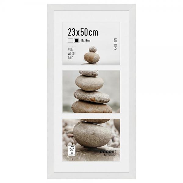 Holz Bilderrahmen Apollon für 3 Bilder 13x18 cm 23x50 cm (3x13x18 cm) | Weiß | Normalglas