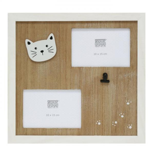 Bilderrahmen Katze für 2 Bilder mit Holzpassepartout 2x10x15 cm | Weiß-beige | Normalglas
