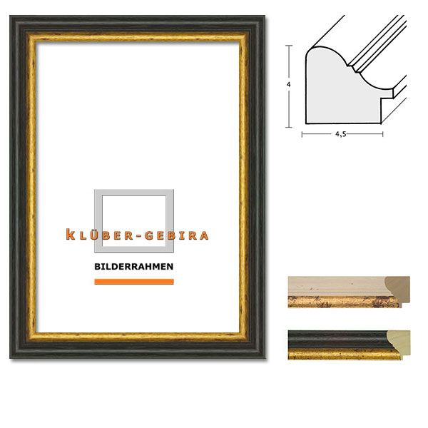 Holz Bilderrahmen Vilanova 90x120 | Antikschwarz, Kante Antikgold | Kunstglas