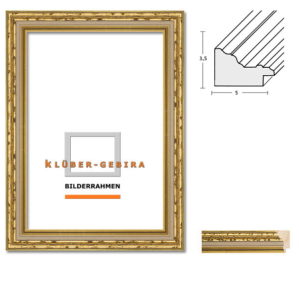 Holz Bilderrahmen Linares nach Maß Altgold geflammt, Elfenbeinplatte | Normalglas