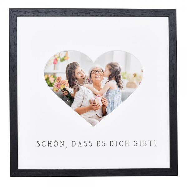 Bilderrahmen mit Herz-Passepartout & Text "Schön, dass es dich gibt!" 30x30 cm | schwarz | Normalglas