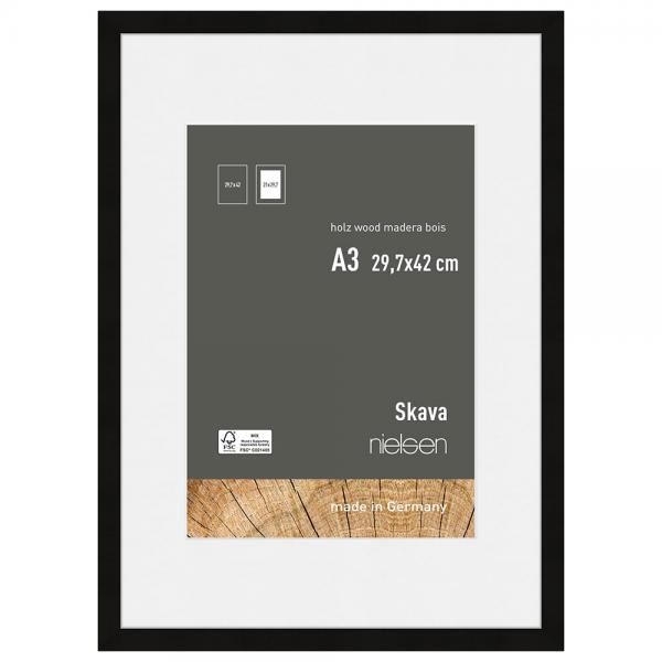 Holzrahmen Skava mit Passepartout 29,7x42 cm (21x29,7 cm) | Schwarz | Normalglas