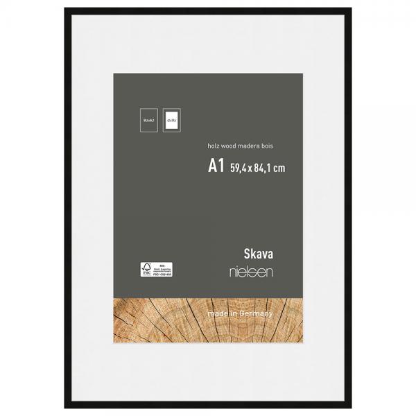 Holzrahmen Skava mit Passepartout 59,4x84,1 cm (42x59,4 cm) | Schwarz | Normalglas