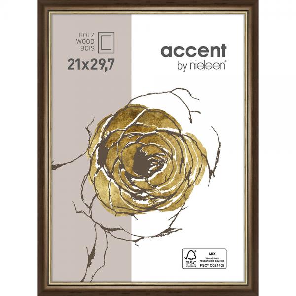 Holz Bilderrahmen Ascot 21x29,7 cm (A4) | Dunkelbraun-Gold | Normalglas