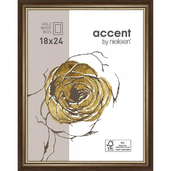 Holz Bilderrahmen Ascot 18x24 cm | Dunkelbraun-Gold | Normalglas